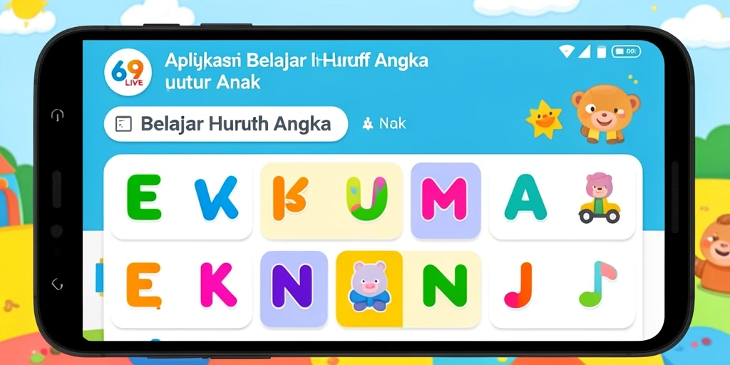 Tampilan antarmuka aplikasi 69LIVE untuk belajar huruf dan angka.