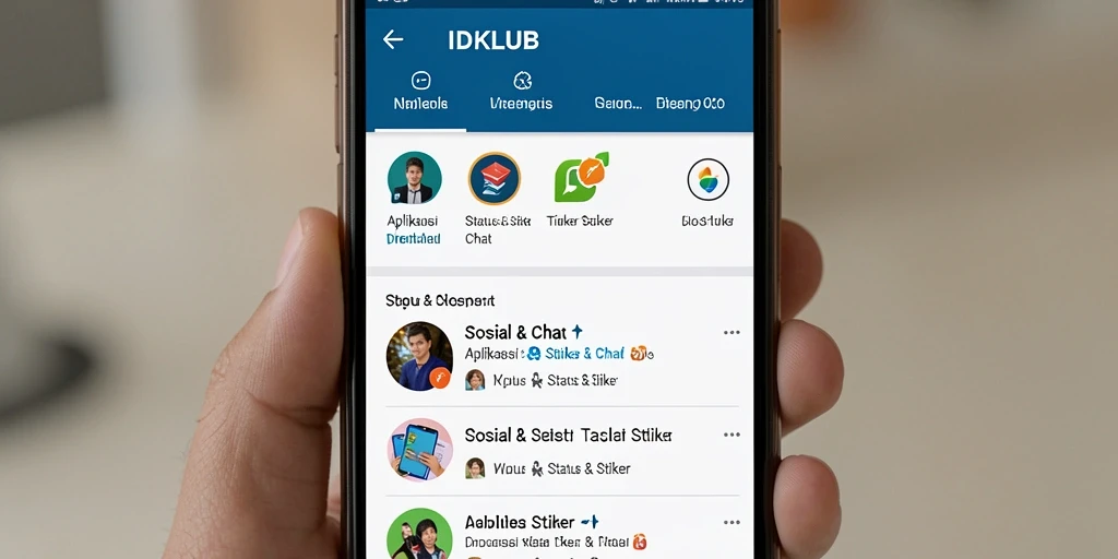 Antarmuka IDKLUB dengan berbagai stiker dan status yang menarik.